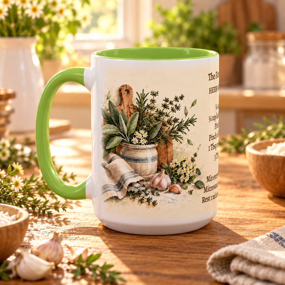 Family Recipe Keepsake mug, light green inside and handle, 15oz, handle view