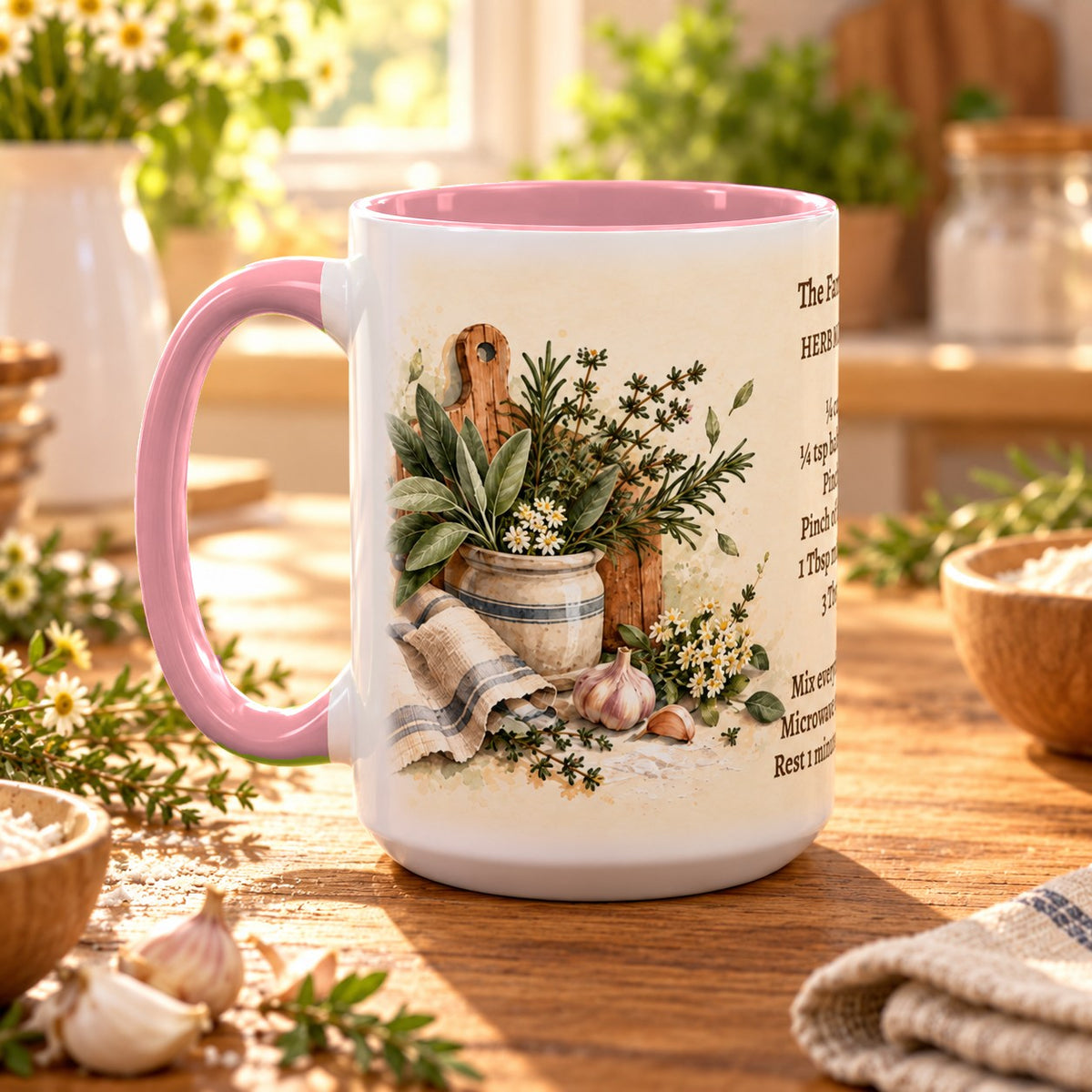Family Recipe Keepsake mug, pink inside and handle, 15oz, handle view