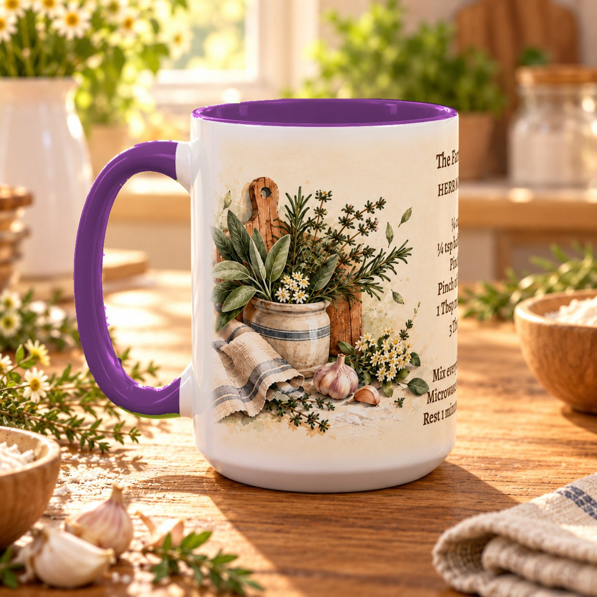 Family Recipe Keepsake mug, purple inside and handle, 15oz, handle view