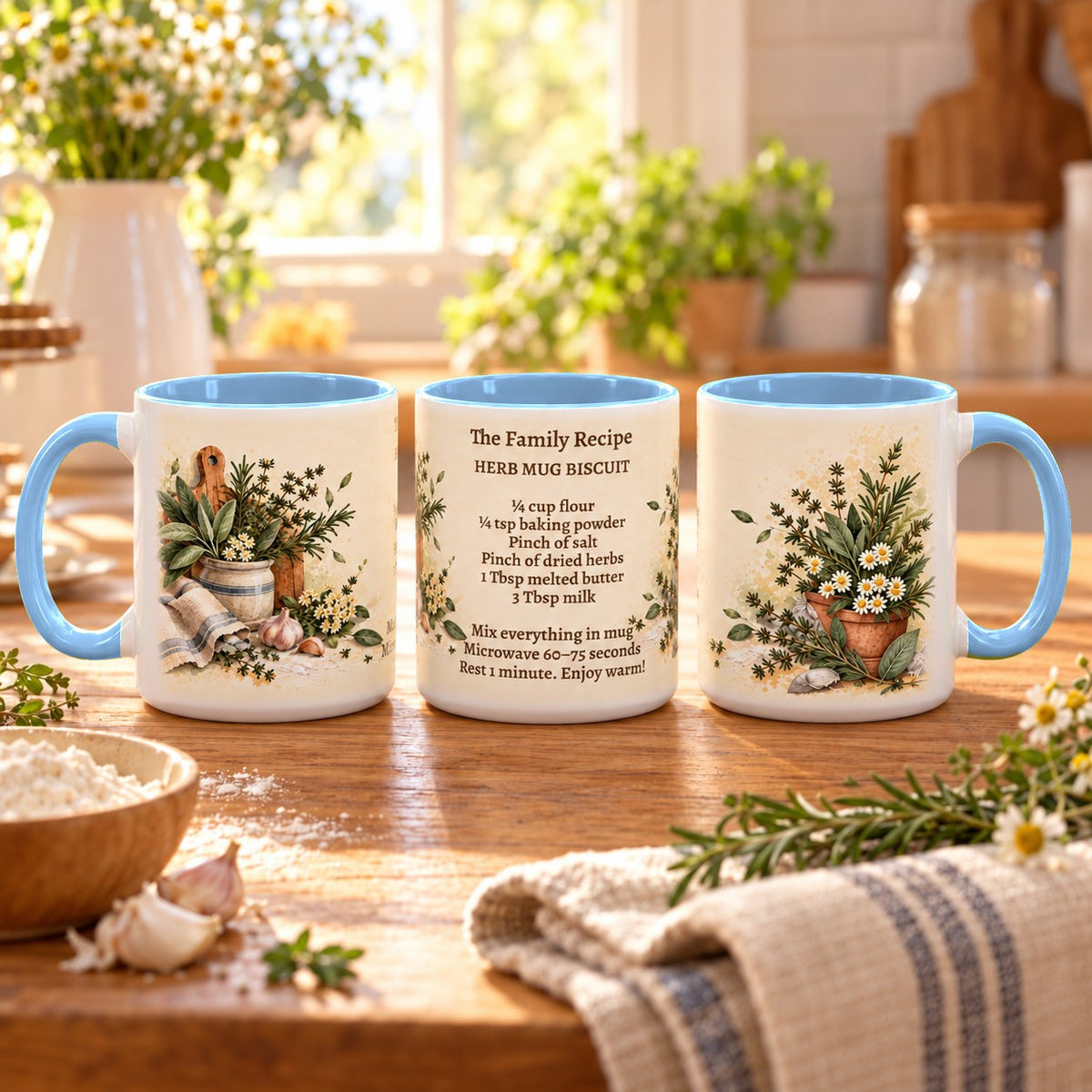 Family Recipe Keepsake mug, light blue inside and handle, 11oz, three views of the full wrap