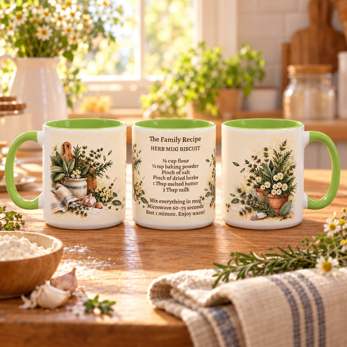 Family Recipe Keepsake mug, light green inside and handle, 11oz, three views of the full wrap