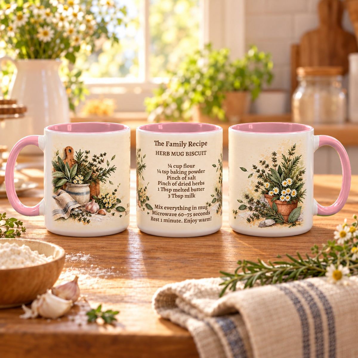 Family Recipe Keepsake mug, pink inside and handle, 11oz, three views of the full wrap