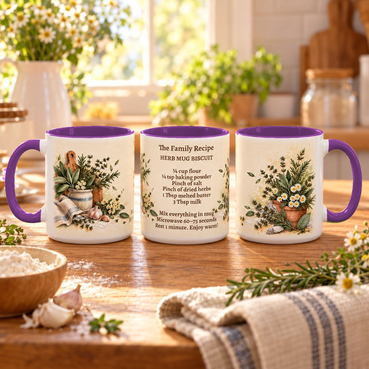 Family Recipe Keepsake mug, purple inside and handle, 11oz, three views of the full wrap
