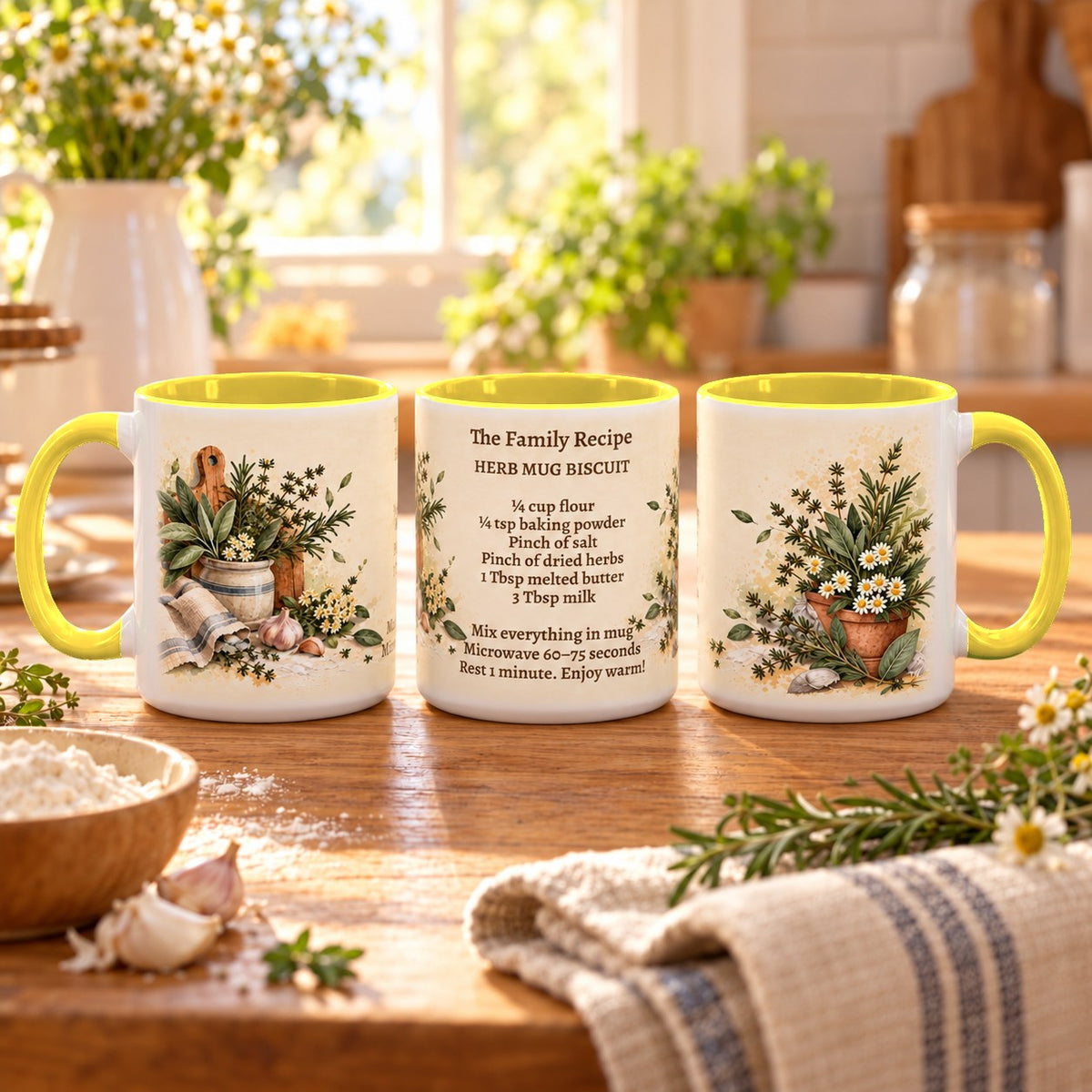 Family Recipe Keepsake mug, yellow inside and handle, 11oz, three views of the full wrap