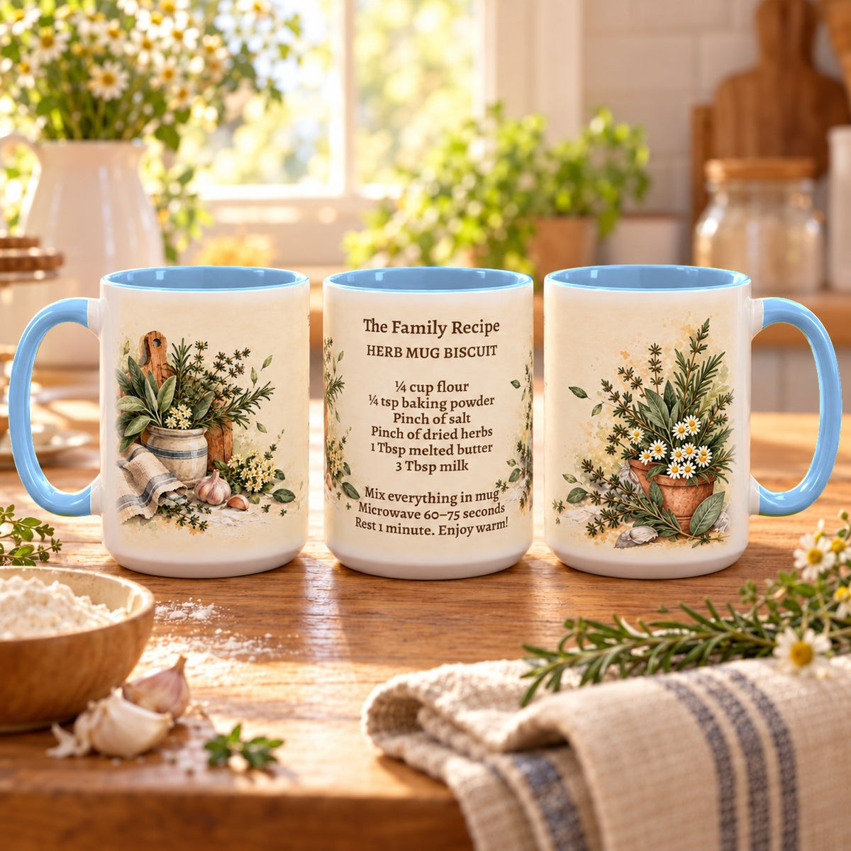 Family Recipe Keepsake mug, light blue inside and handle, 15oz, three views of the full wrap