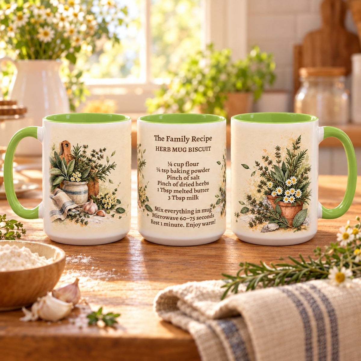 Family Recipe Keepsake mug, light green inside and handle, 15oz, three views of the full wrap