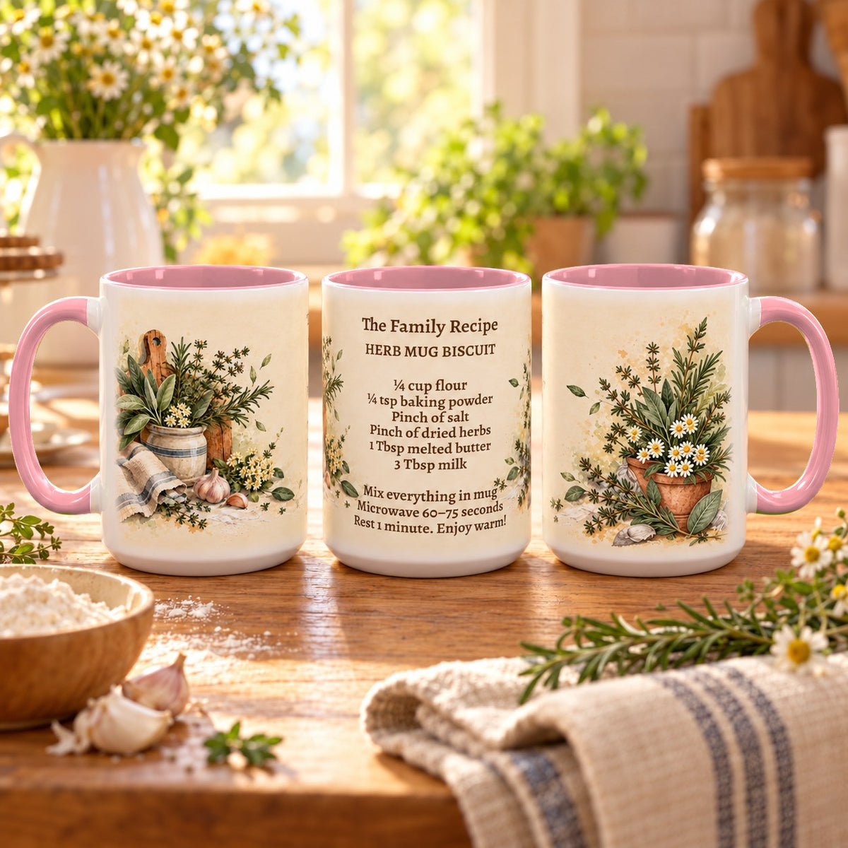 Family Recipe Keepsake mug, pink inside and handle, 15oz, three views of the full wrap