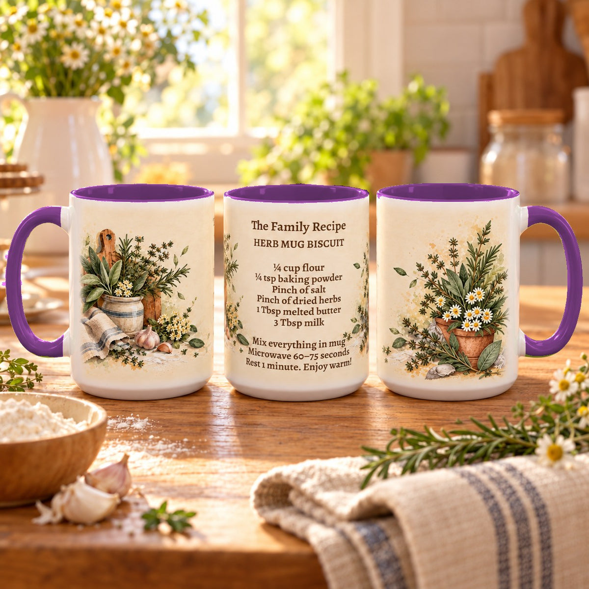 Family Recipe Keepsake mug, purple inside and handle, 15oz, three views of the full wrap