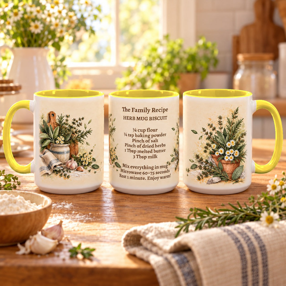 Family Recipe Keepsake mug, yellow inside and handle, 15oz, three views of the full wrap