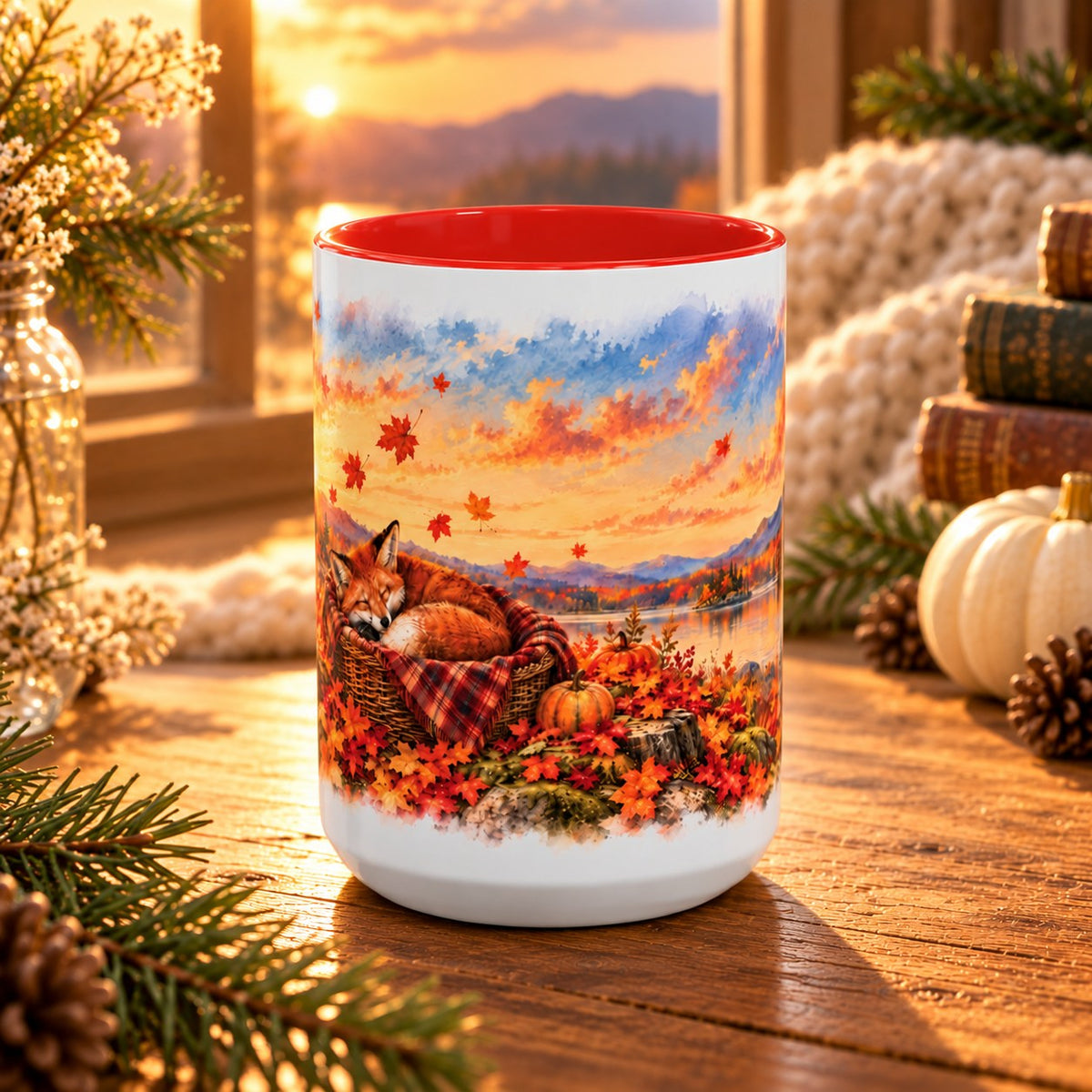 Fox mug, red inside and handle, 15oz, front view