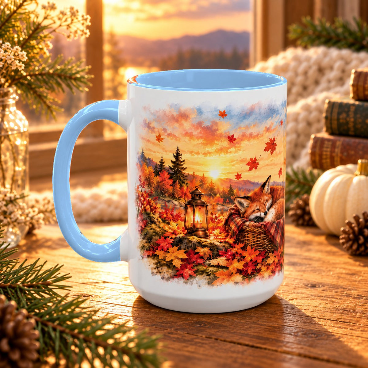 Fox mug, light blue inside and handle, 15oz, handle view