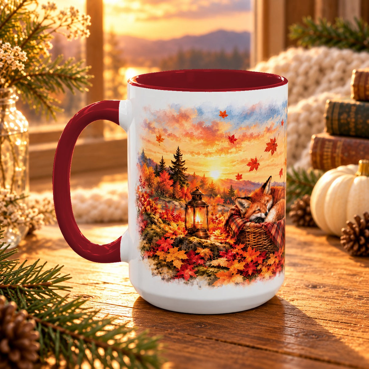 Fox mug, maroon inside and handle, 15oz, handle view