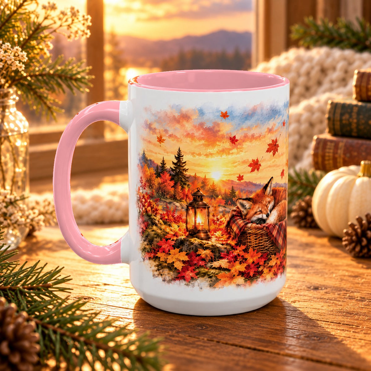 Fox mug, pink inside and handle, 15oz, handle view