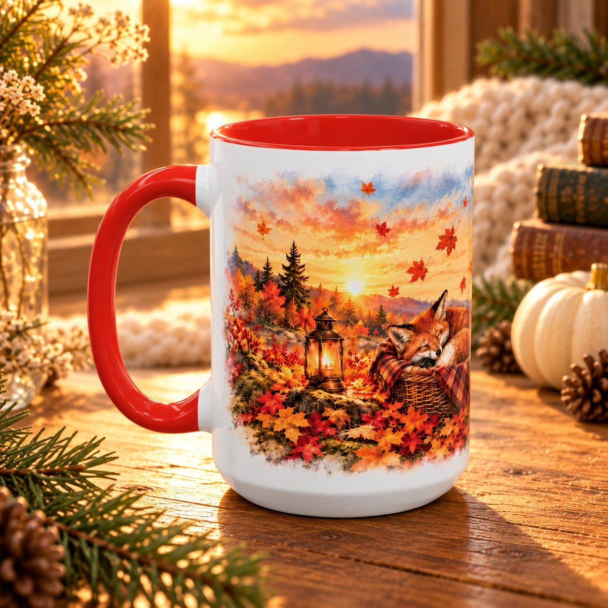 Fox mug, red inside and handle, 15oz, handle view