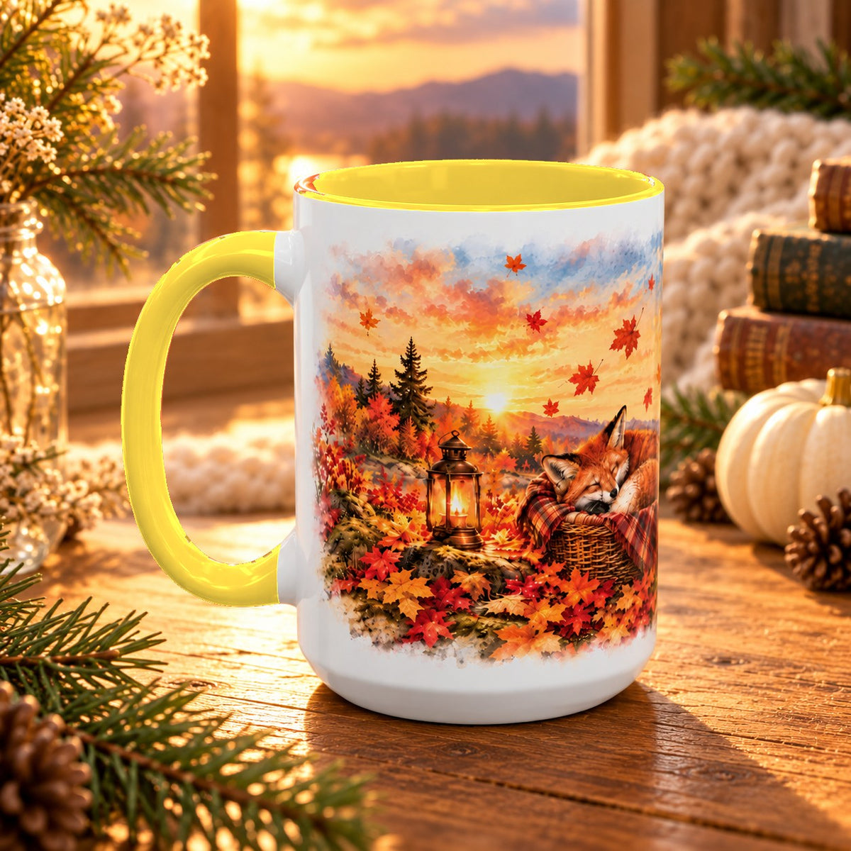 Fox mug, yellow inside and handle, 15oz, handle view