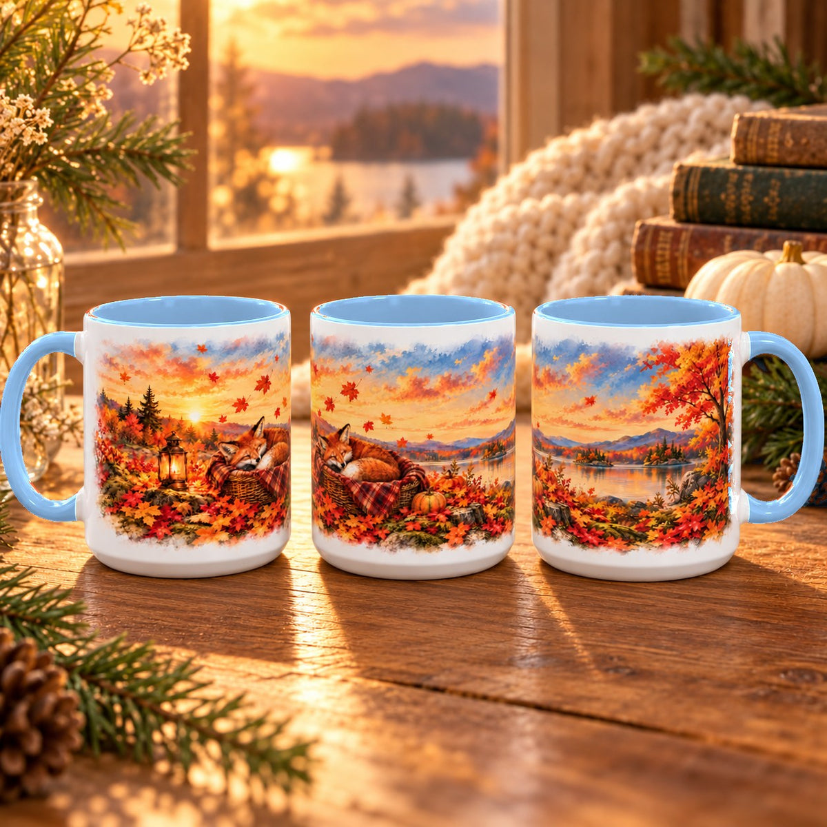 Fox mug, light blue inside and handle, 11oz, three views of the full wrap