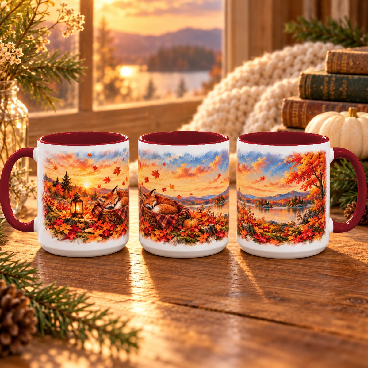 Fox mug, maroon inside and handle, 11oz, three views of the full wrap