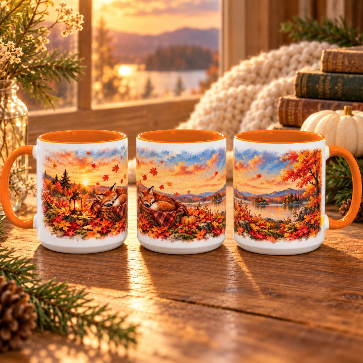 Fox mug, orange inside and handle, 11oz, three views of the full wrap