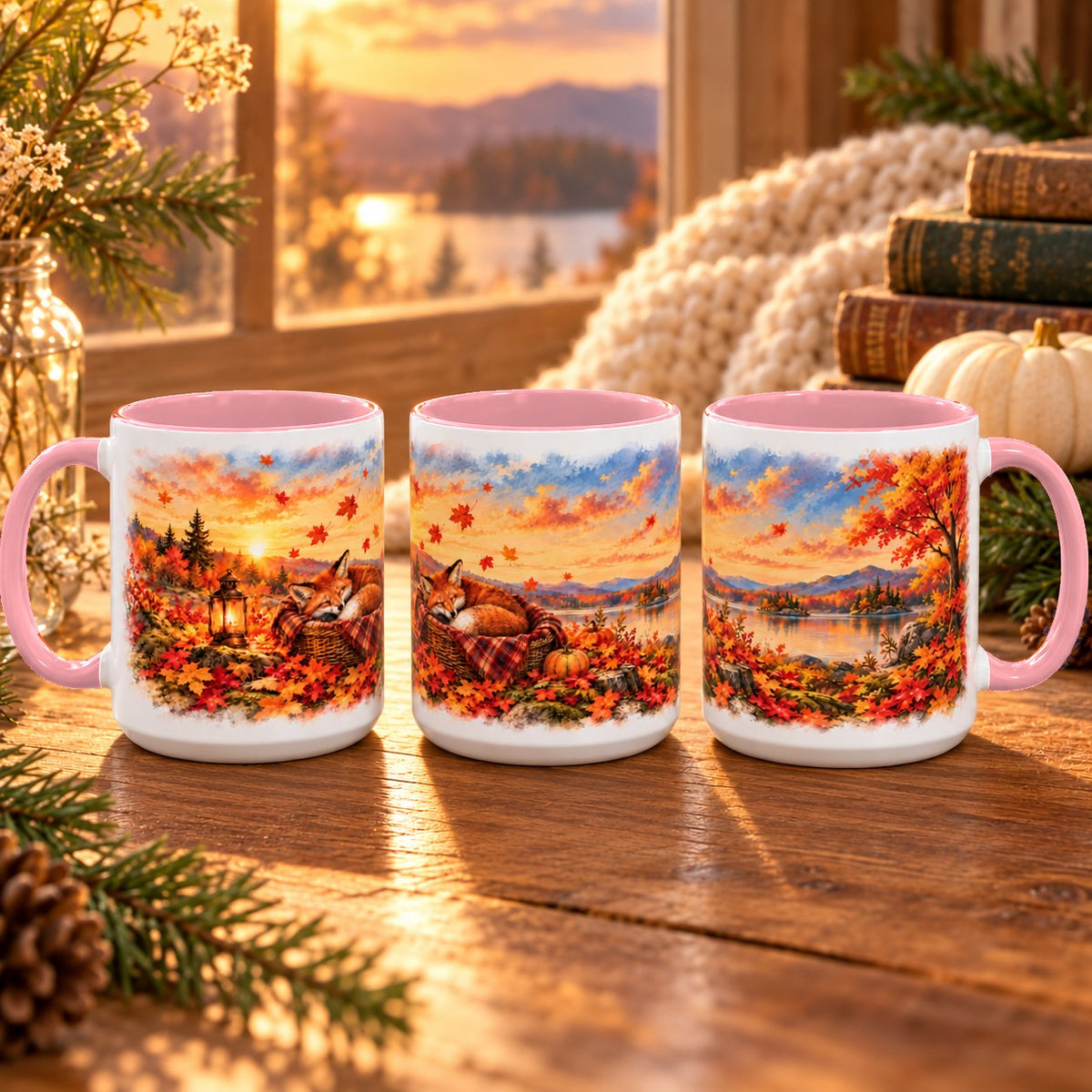 Fox mug, pink inside and handle, 11oz, three views of the full wrap