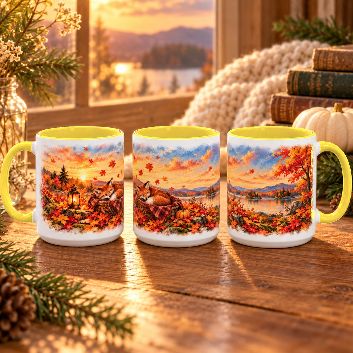Fox mug, yellow inside and handle, 11oz, three views of the full wrap