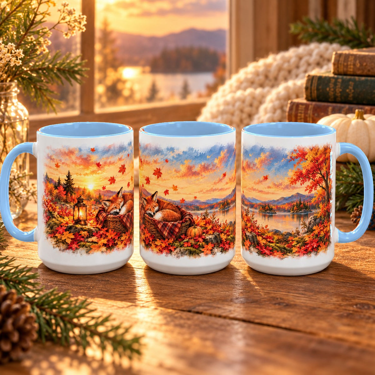 Fox mug, light blue inside and handle, 15oz, three views of the full wrap