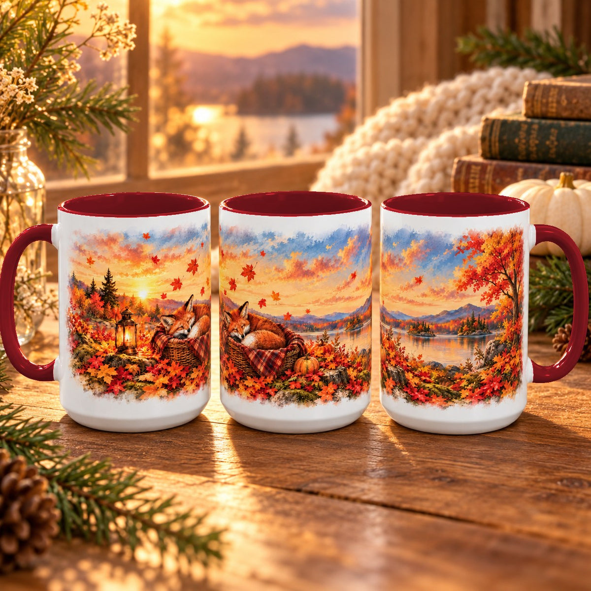 Fox mug, maroon inside and handle, 15oz, three views of the full wrap