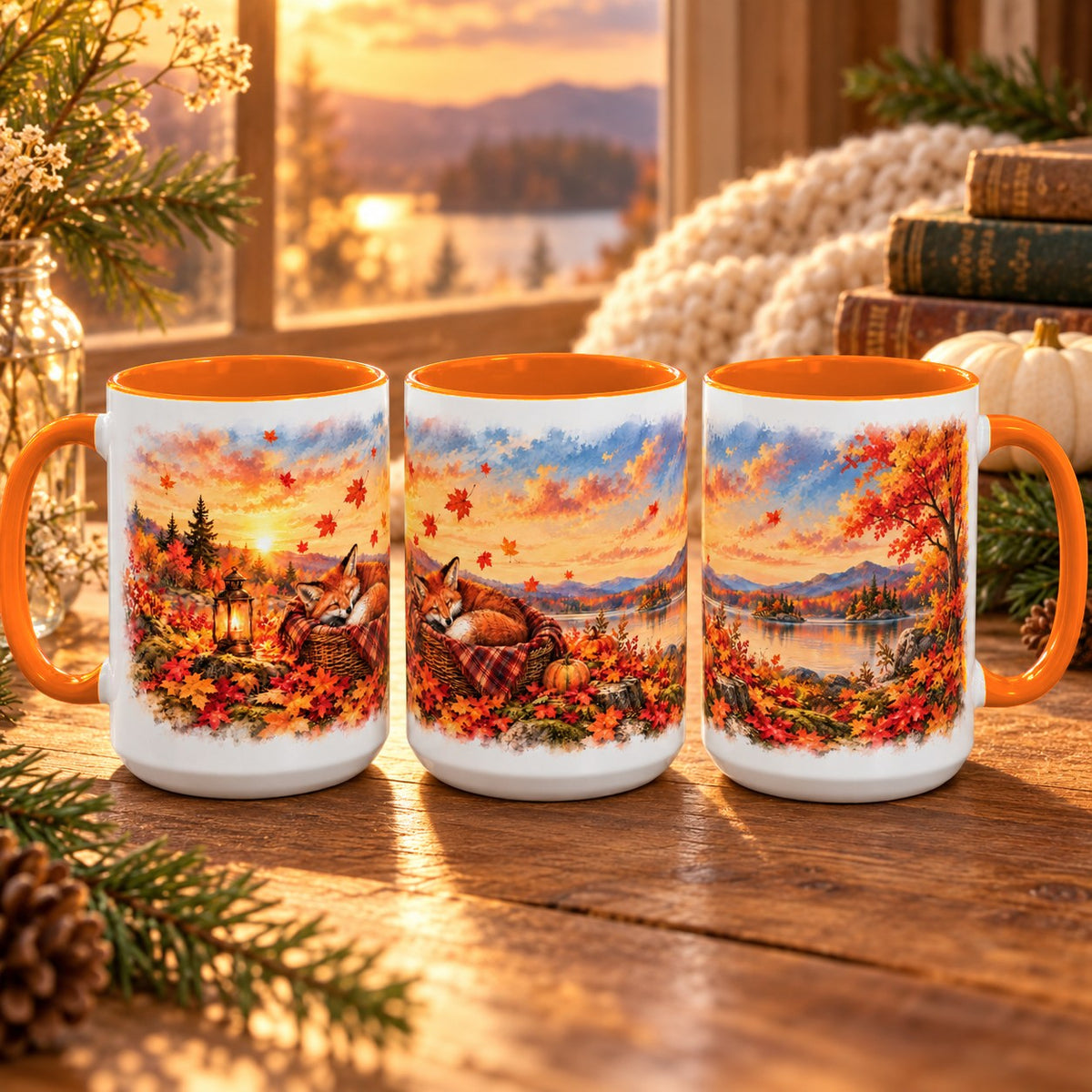 Fox mug, orange inside and handle, 15oz, three views of the full wrap