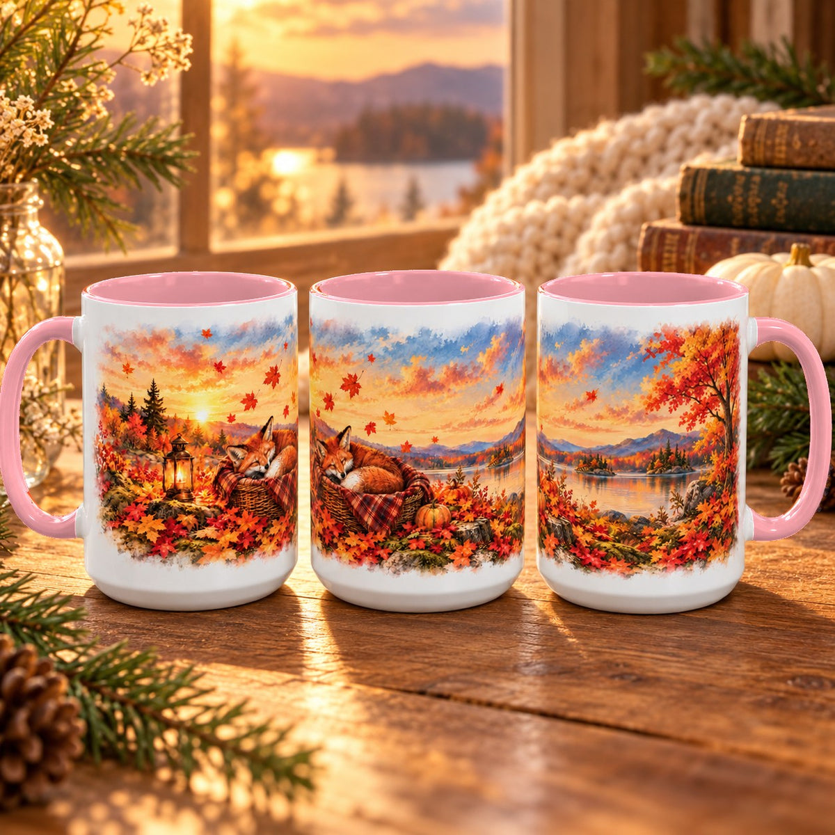 Fox mug, pink inside and handle, 15oz, three views of the full wrap