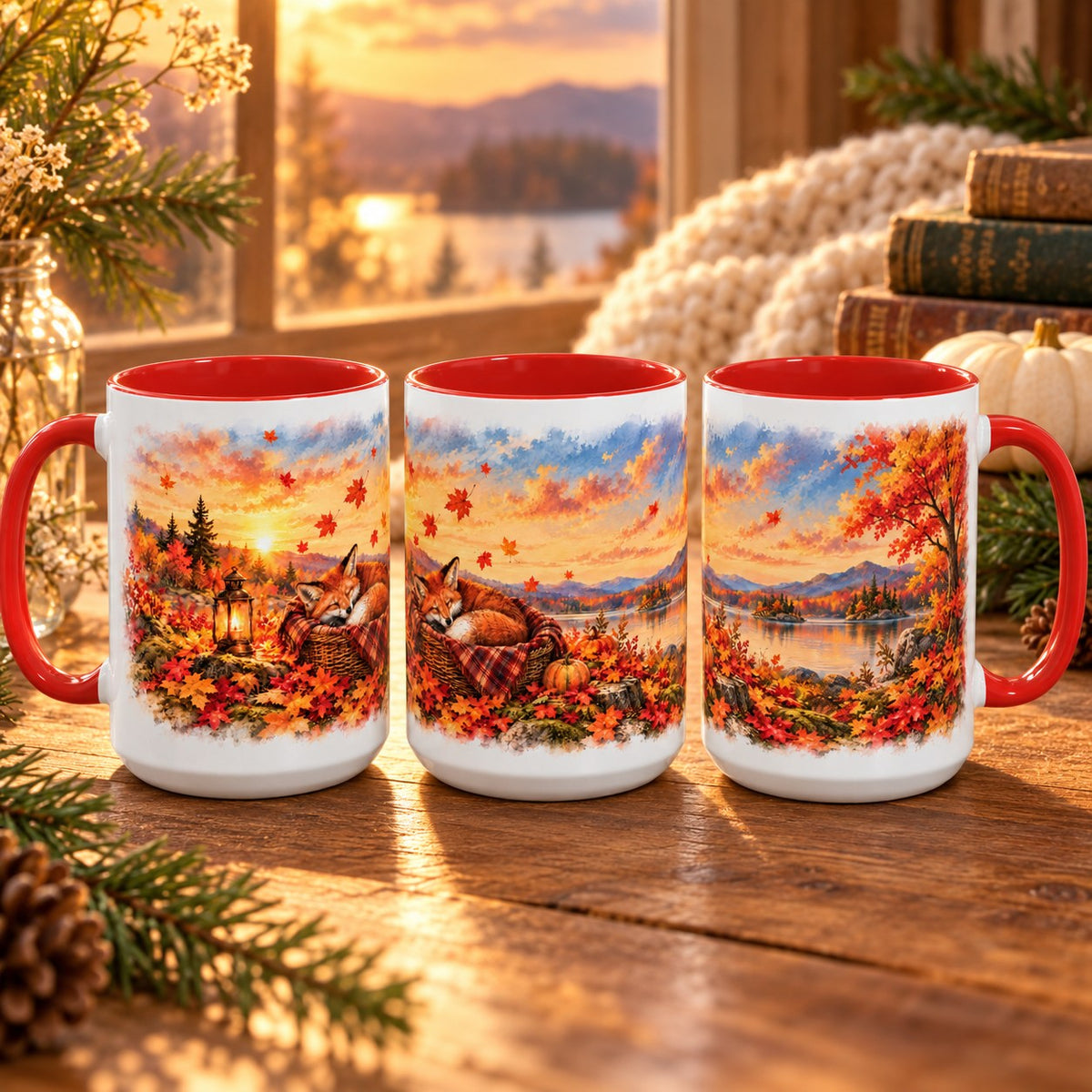 Fox mug, red inside and handle, 15oz, three views of the full wrap