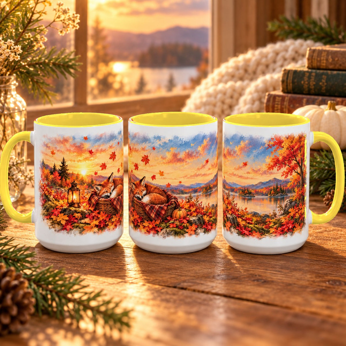 Fox mug, yellow inside and handle, 15oz, three views of the full wrap