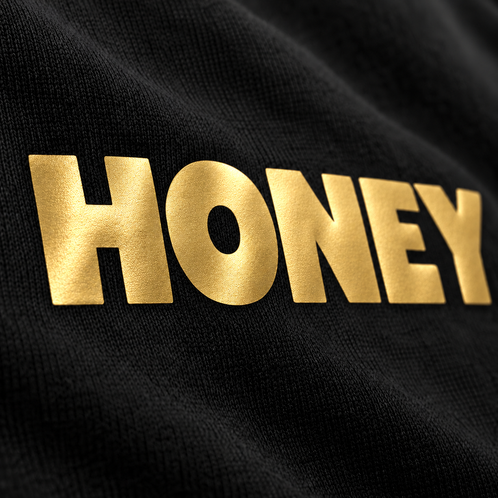 Honey Gold Puff Sweatshirt, alternate view, HONEY in metallic gold puff letters