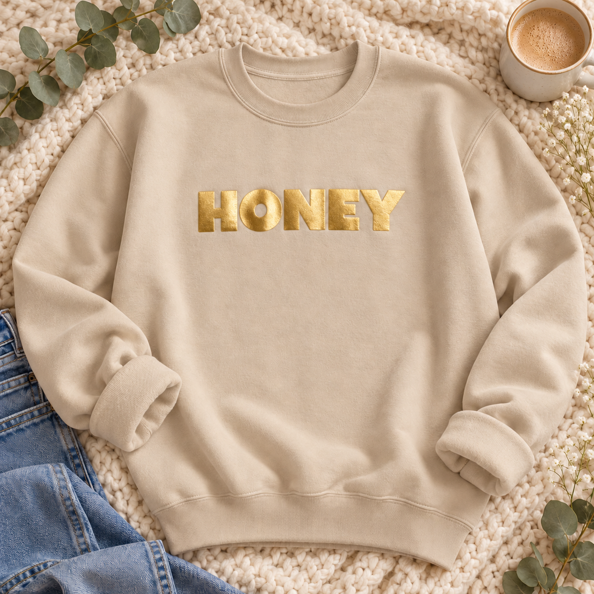 Honey Gold Puff Sweatshirt, alternate view, HONEY in metallic gold puff letters