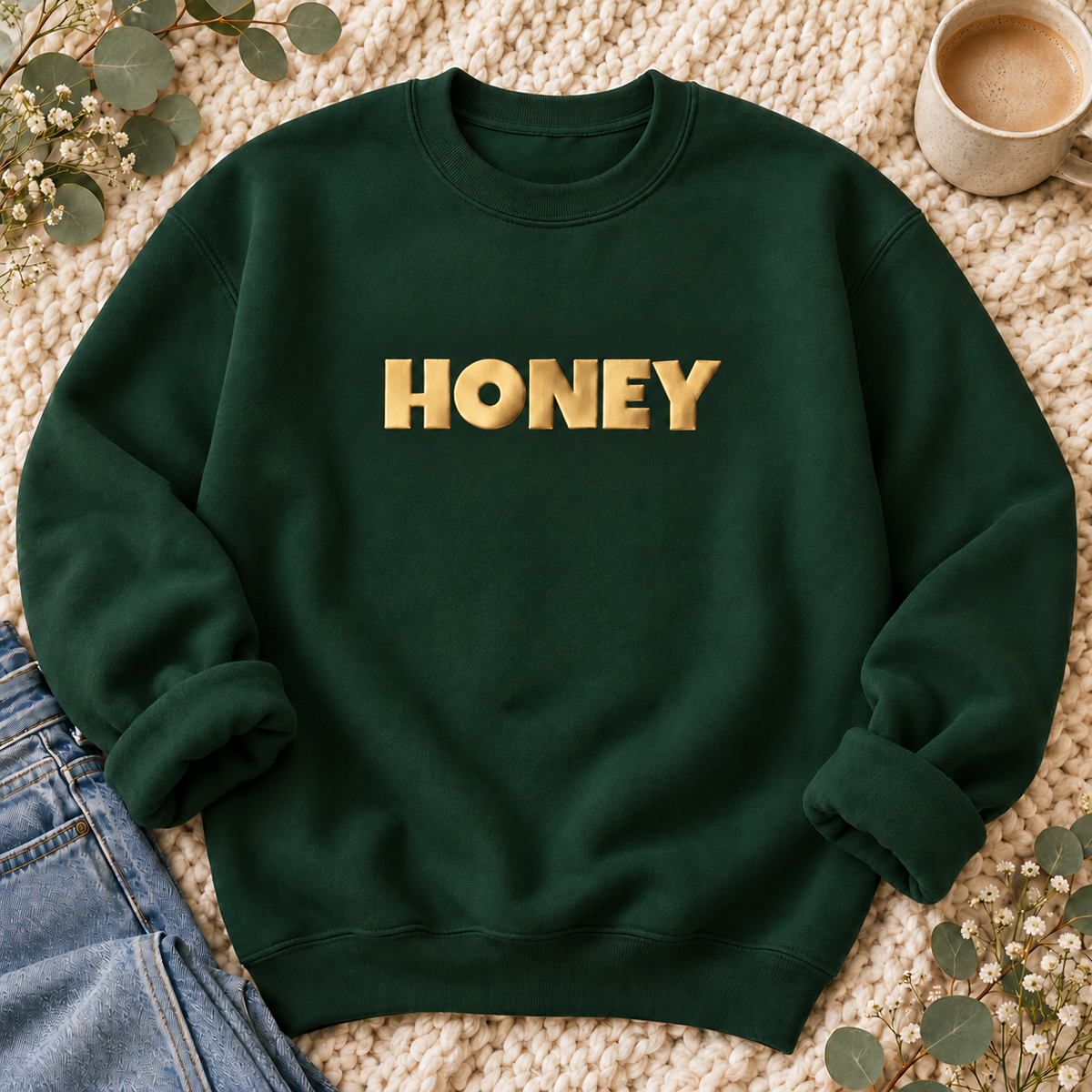 Honey Gold Puff Sweatshirt, alternate view, HONEY in metallic gold puff letters