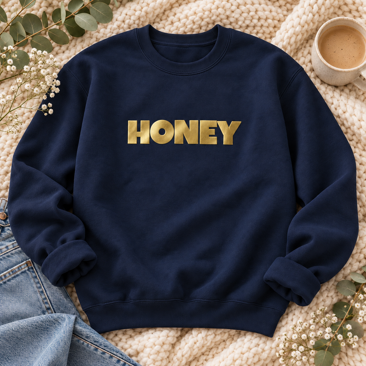 Honey Gold Puff Sweatshirt, alternate view, HONEY in metallic gold puff letters