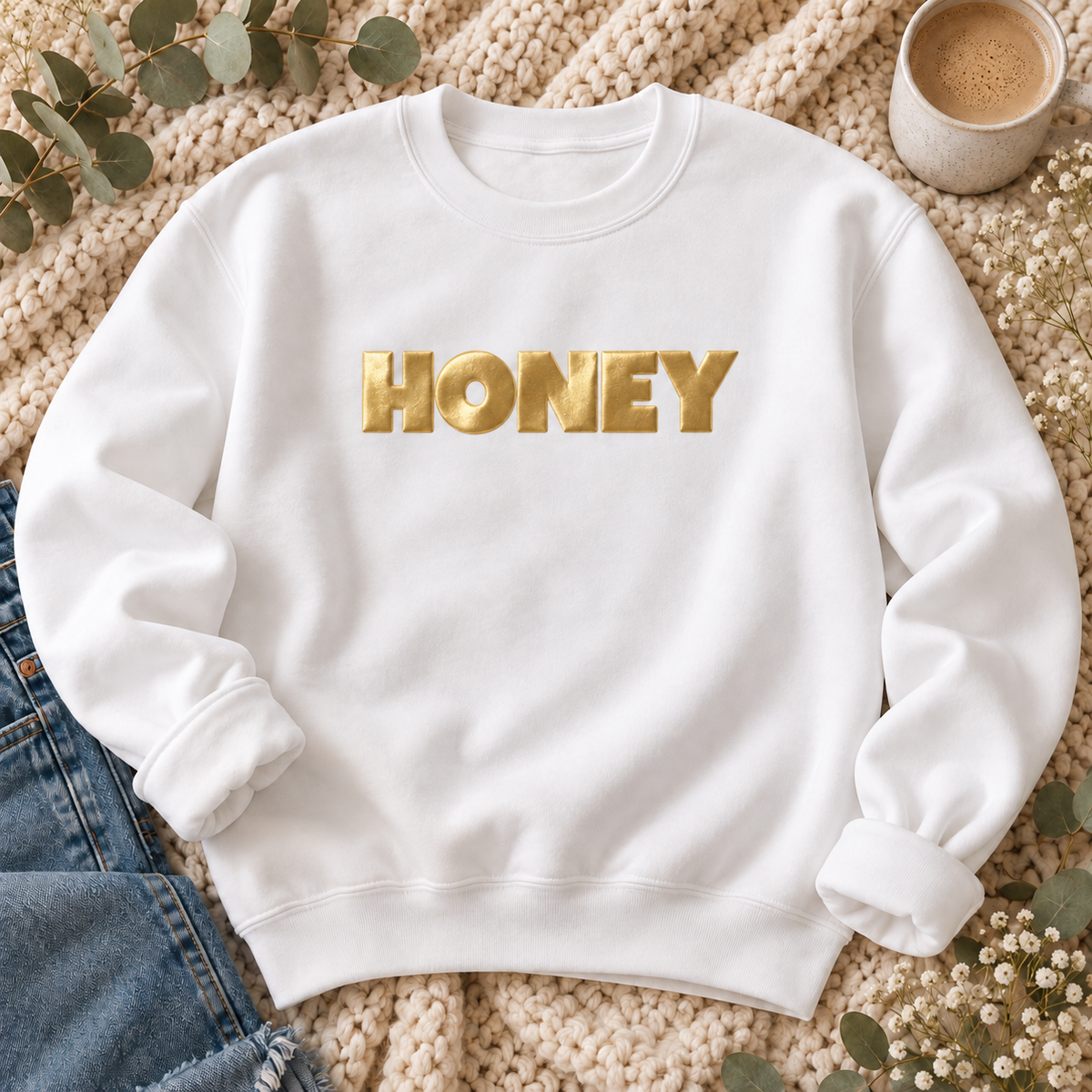 Honey Gold Puff Sweatshirt, alternate view, HONEY in metallic gold puff letters
