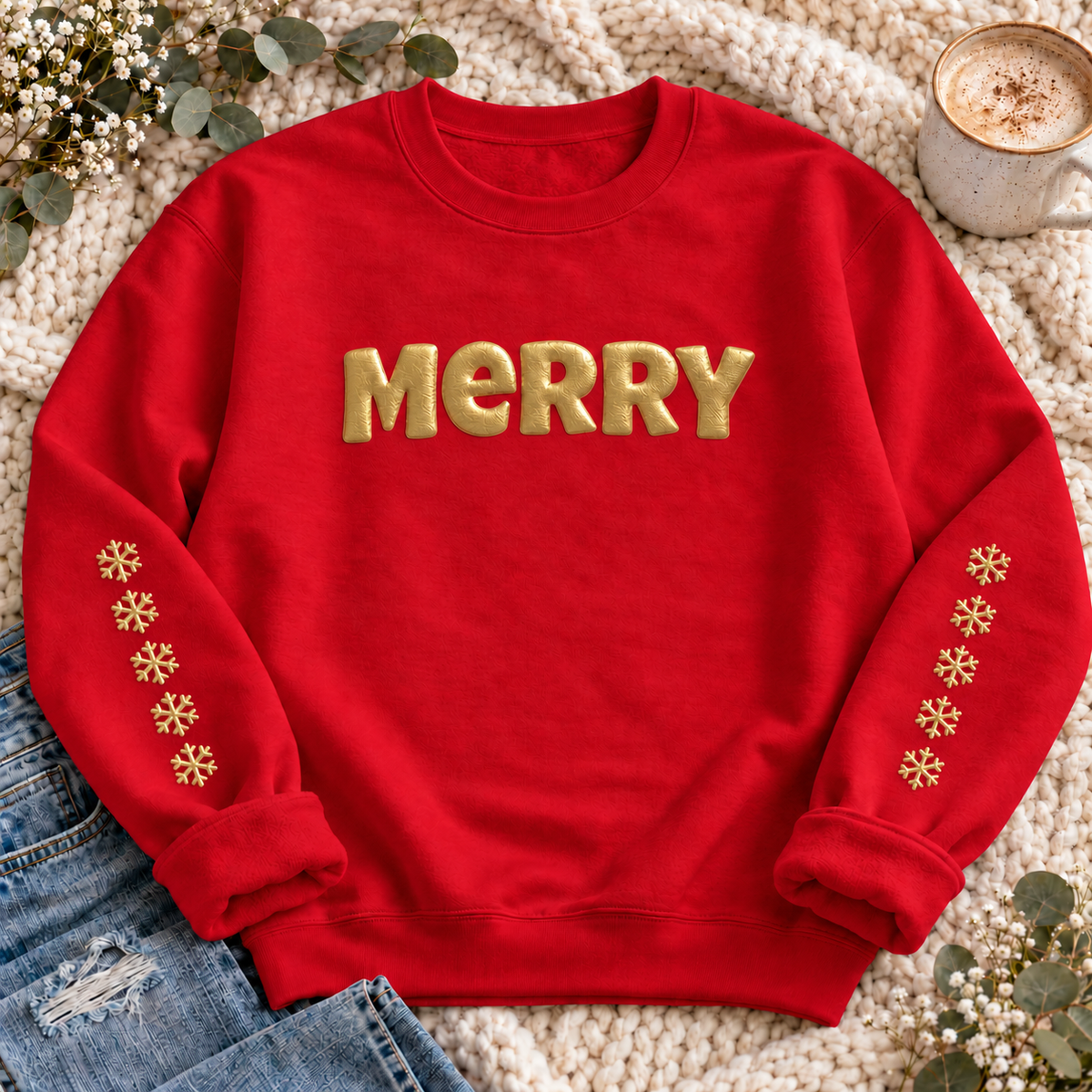 Merry Metallic Puff Christmas Sweatshirt, alternate view, MERRY in metallic puff letters with snowflakes