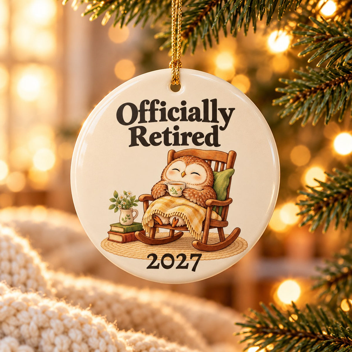Officially Retired owl ornament, front, hanging on a tree