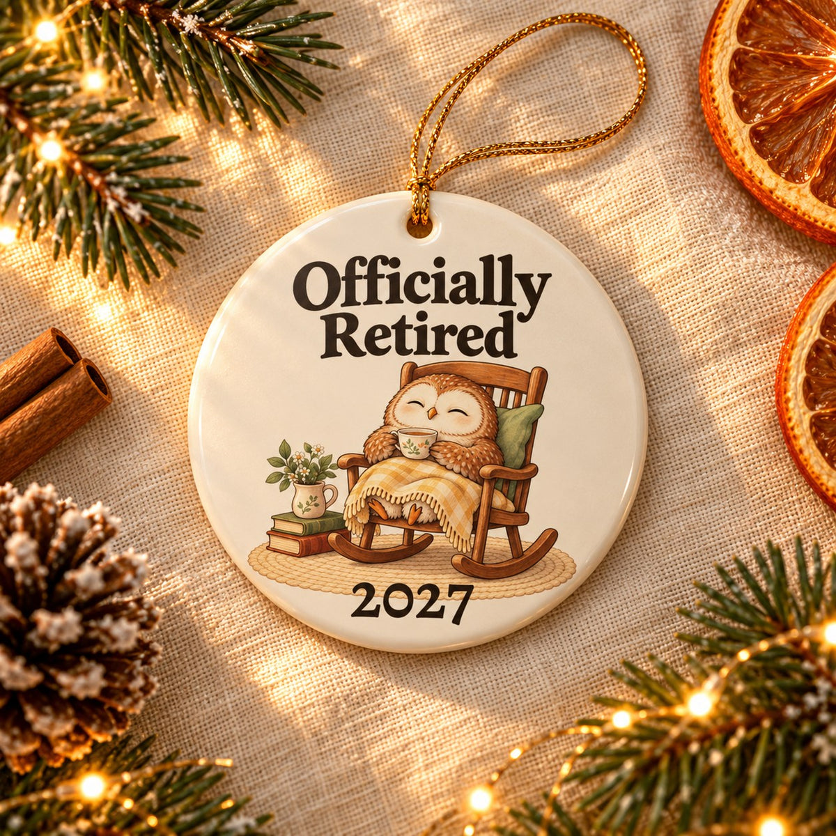 Officially Retired owl ornament, front, flat on linen