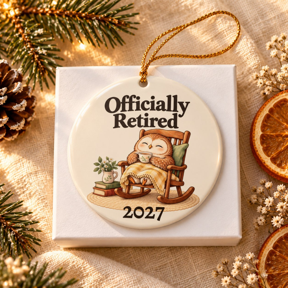 Officially Retired owl ornament, front, on a white gift box