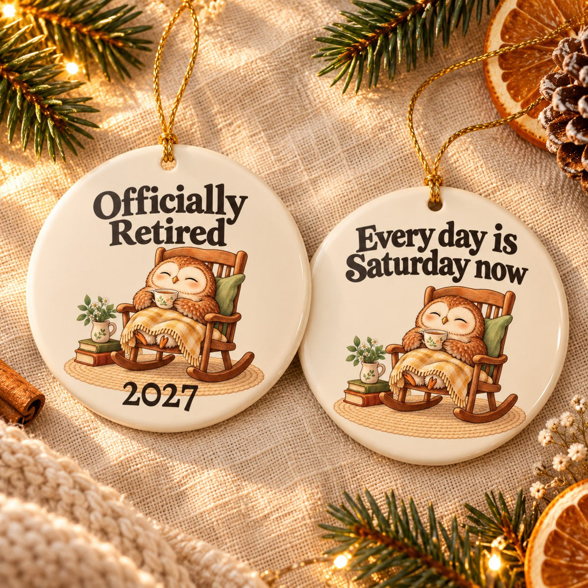 Officially Retired owl ornament, front and back sides
