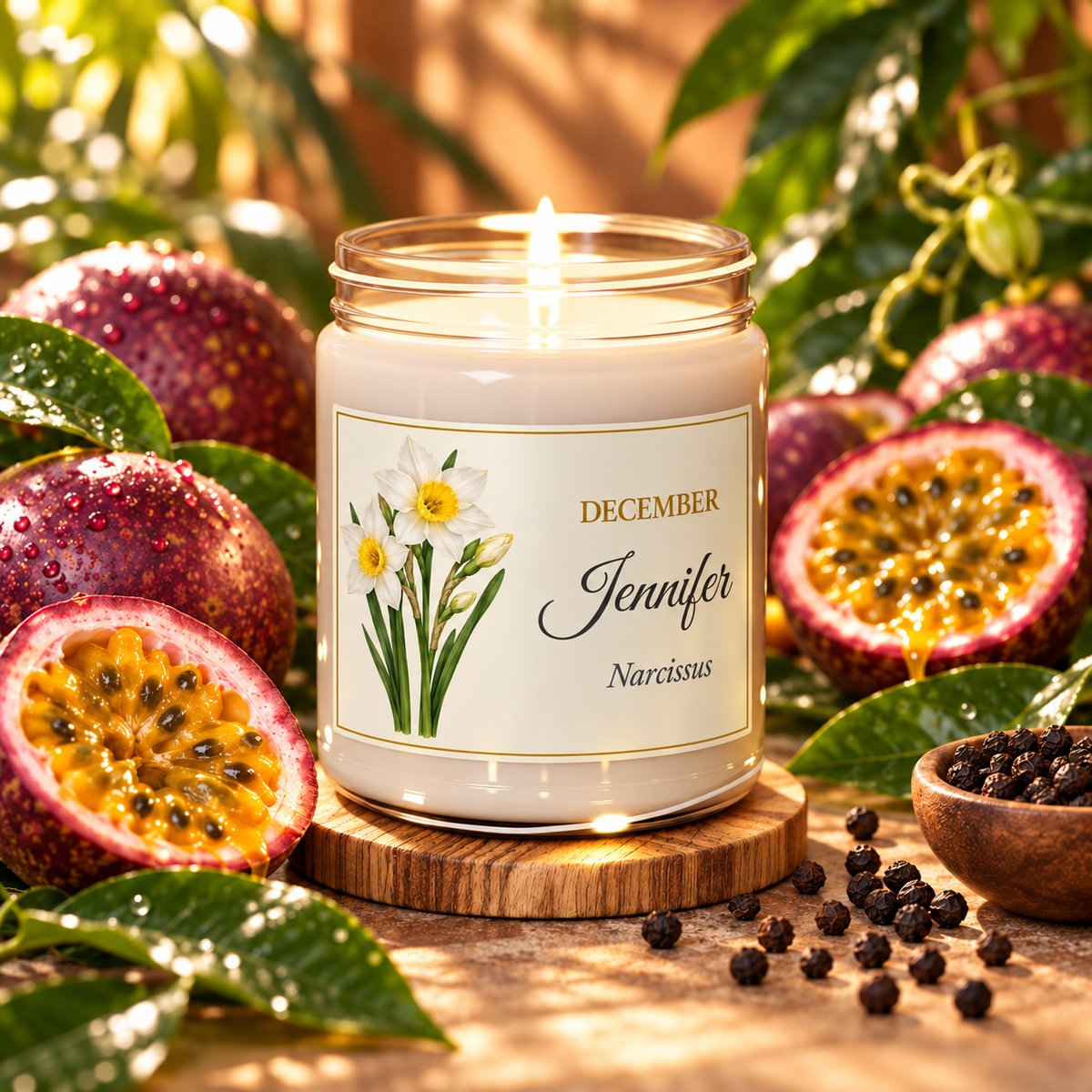 Personalized December birth flower name candle with Narcissus, Peppered Passionfruit scent