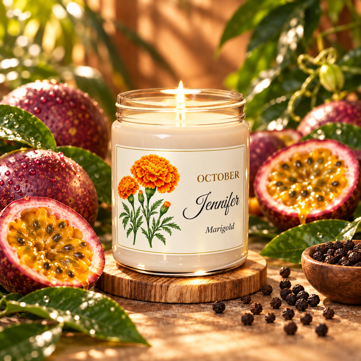 Personalized October birth flower name candle with Marigold, Peppered Passionfruit scent