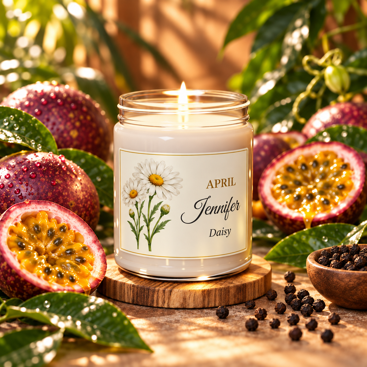 Personalized April birth flower name candle with Daisy, Peppered Passionfruit scent