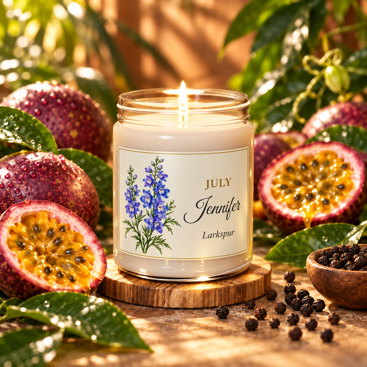 Personalized July birth flower name candle with Larkspur, Peppered Passionfruit scent