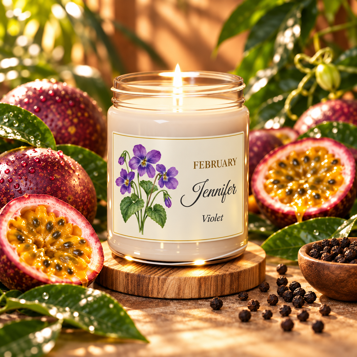 Personalized February birth flower name candle with Violet, Peppered Passionfruit scent