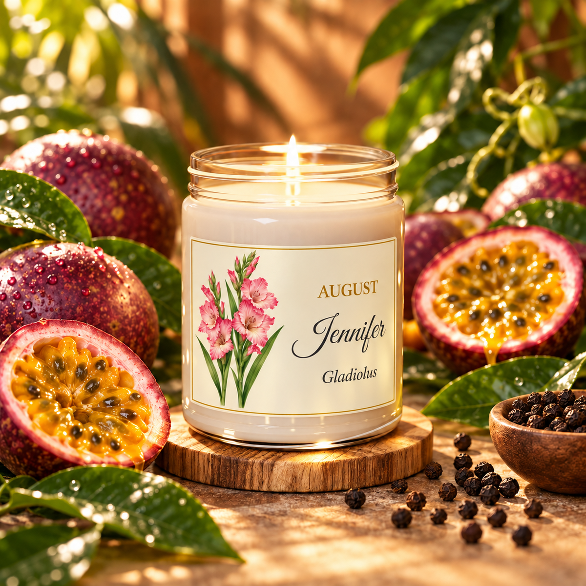 Personalized August birth flower name candle with Gladiolus, Peppered Passionfruit scent