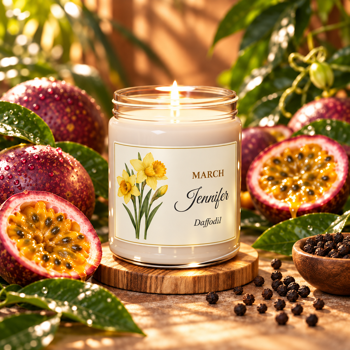 Personalized March birth flower name candle with Daffodil, Peppered Passionfruit scent