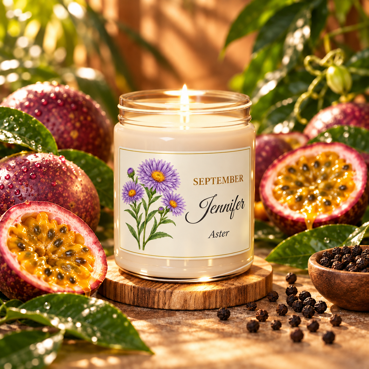 Personalized September birth flower name candle with Aster, Peppered Passionfruit scent