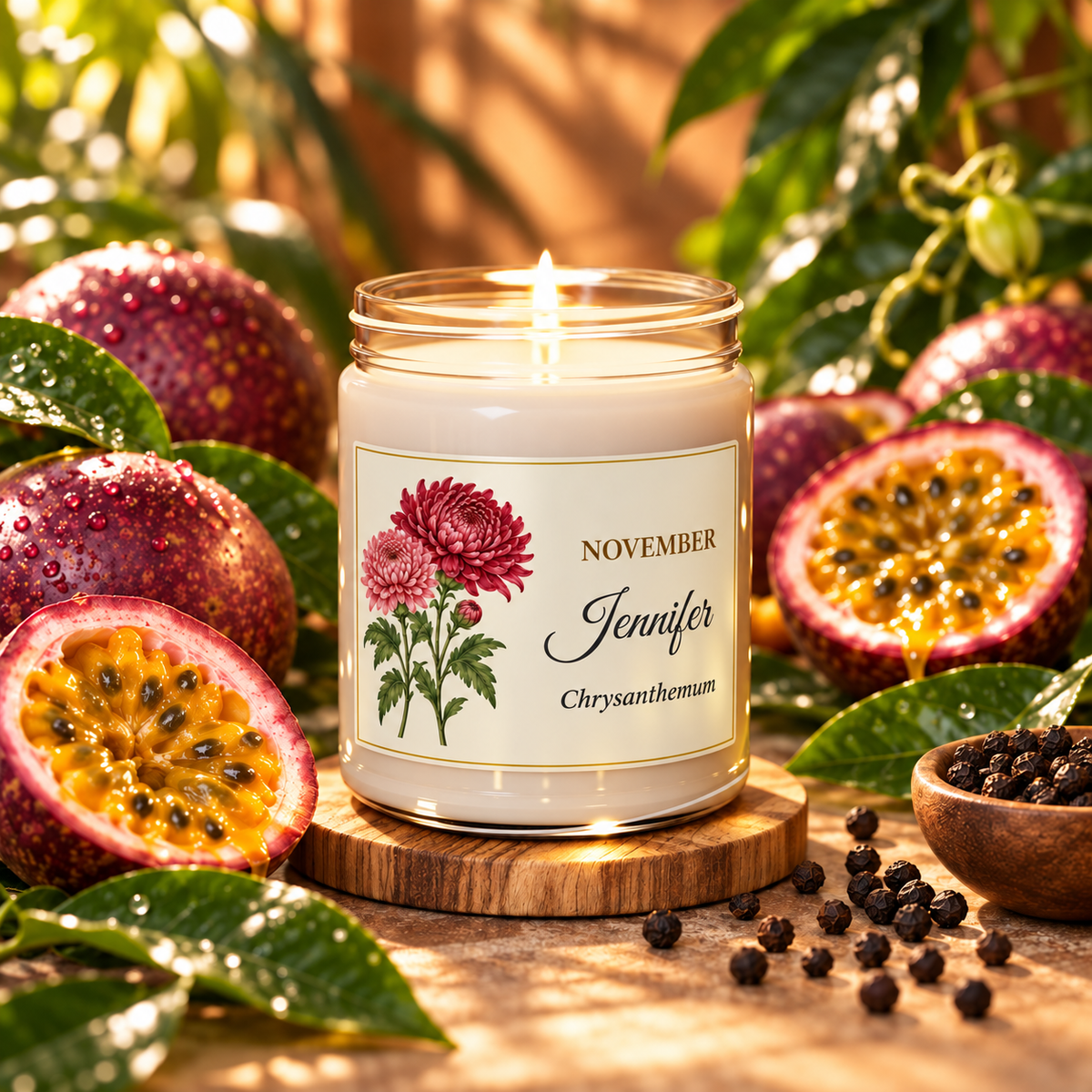 Personalized November birth flower name candle with Chrysanthemum, Peppered Passionfruit scent