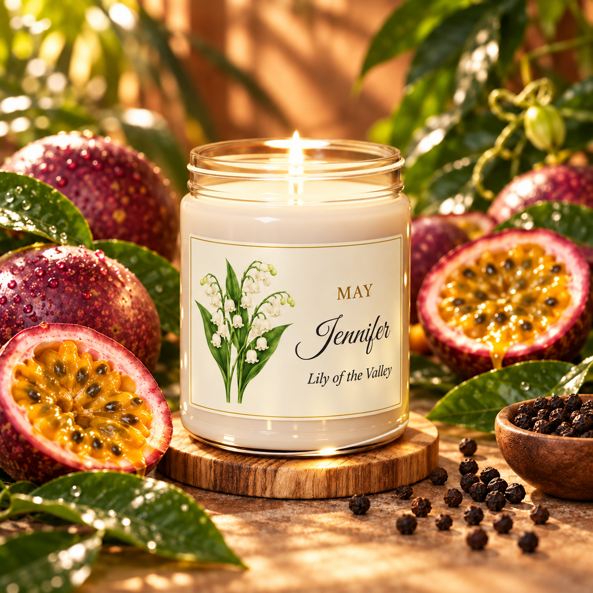 Personalized May birth flower name candle with Lily of the Valley, Peppered Passionfruit scent